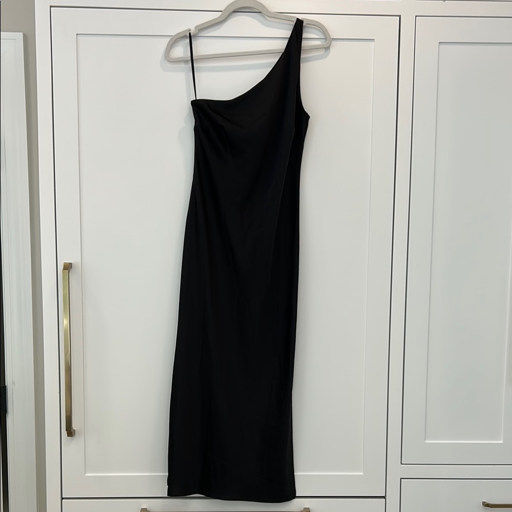 BHLDN Audrie One-Shoulder Black Satin Midi Dress